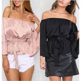 Off-shoulder Tie-waist Ruffled Top