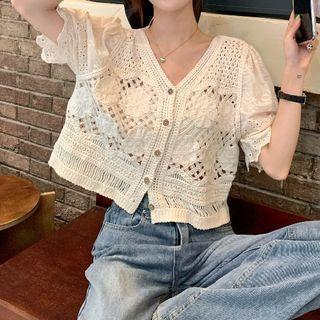 Puff-sleeve Knit Panel Blouse Almond - One Size