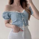 Short-sleeve Lace-up Top Blue - One Size