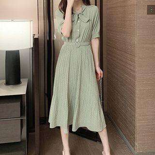 Tie-neck Short-sleeve Midi A-lie Dress