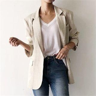 Padded-shoulder Pinstripe-lining Linen Blend Blazer
