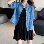 Elbow-sleeve Denim Shirt / Spaghetti Strap A-line Mini Dress