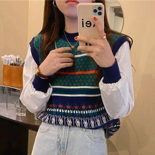 Long-sleeve Patterned Knit Panel Top Green - One Size