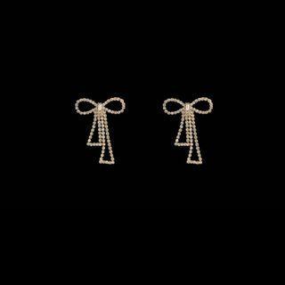 Rhinestone Bow Earring 1 Pair - S925 Silver Stud Earrings - Gold - One Size
