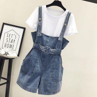 Short-sleeve T-shirt / Washed Denim Jumper Shorts / Set