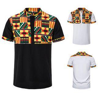 Short-sleeve Stand Collar Print Henley Shirt