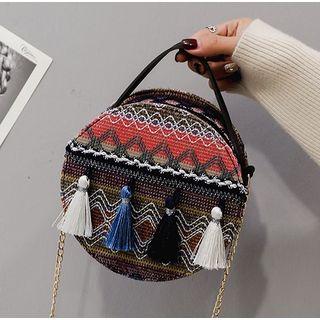 Tasseled Patterned Handbag With Metal Chain