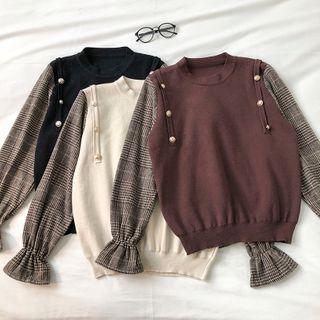 Mock Two-piece Color-block Plaid Panel Crewneck Sweater