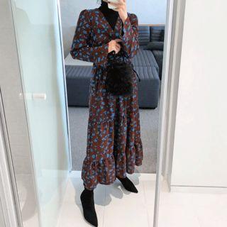 Wrap-front Patterned Maxi Dress Brown - One Size