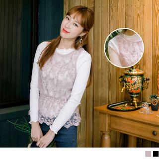 Set: Long Sleeve Lettuce-edge Top + See-through Lace Tank Top