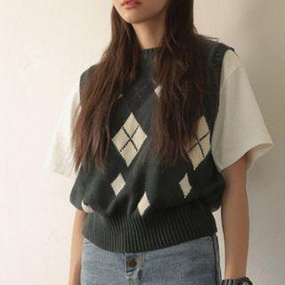 Argyle Knit Vest Dark Green - One Size