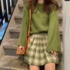 Plain Crew-neck Sweater / Plaid Mini A-line Skirt / Set