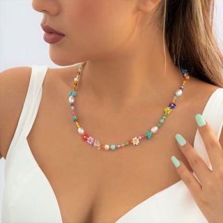 Flower Resin Faux Pearl Necklace 01 - C5138 - White - One Size