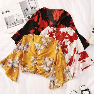 V-neck Bell-sleeve Plain Blouse