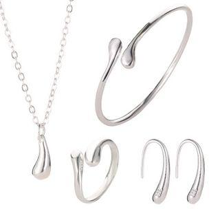 Set: Alloy Droplet Pendant Necklace + Open Bangle + Open Ring + Earring