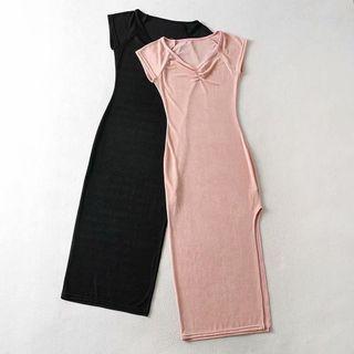 Cap-sleeve Ruched Slit Midi Sheath Dress