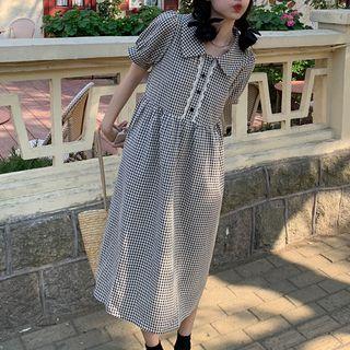 Short-sleeve Collar Gingham Midi A-line Dress Plaid - Black & White - One Size