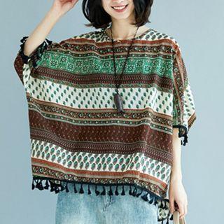 Printed Tassel Detail Elbow-sleeve T-shirt As Shown In Figure - One Size