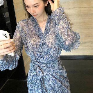 Long-sleeve Floral Print Twisted Midi A-line Dress