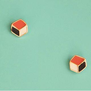Cube Ear Stud 1 Pair - 925 Silver Needle - Tangerine & White & Black - One Size