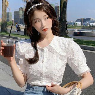 Puff-sleeve Peter Pan-collar Panel Embroidered Flower Blouse White - One Size