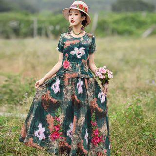 Set: Short-sleeve Embroidered Top + Maxi A-line Skirt