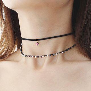 Bead Layered Choker Double Layer Chain - Love Heart - One Size