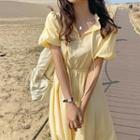 Puff-sleeve Midi A-line Dress Yellow - One Size