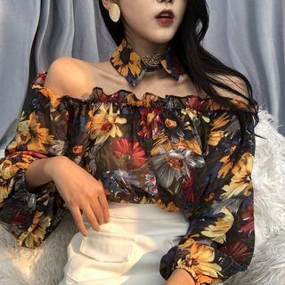 Flower Print Off-shoulder Long-sleeve Top / High Waist Pencil Skirt