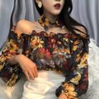 Flower Print Off-shoulder Long-sleeve Top / High Waist Pencil Skirt