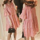 Shoulder Cut Out Check Elbow-sleeve A-line Dress