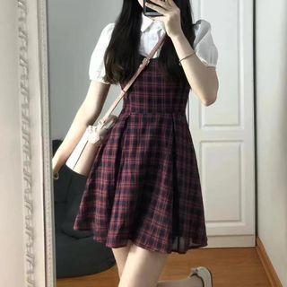 Mock Two-piece Short-sleeve Collar Plaid Mini A-line Dress