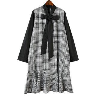 Mock Two-piece Long-sleeve Plaid Panel Dress As Shown In Figure - One Size