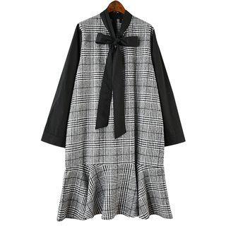 Mock Two-piece Long-sleeve Plaid Panel Dress As Shown In Figure - One Size