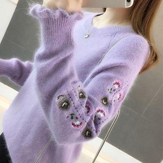 Flower Embroidered Furry Sweater