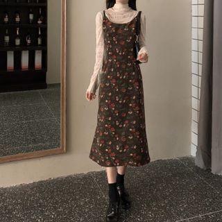 Spaghetti Strap Floral Midi A-line Dress / Long-sleeve Top