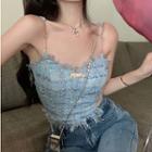 Fray Hem Tweed Camisole Top Blue - One Size
