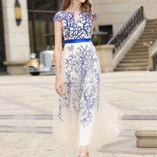 Embroidered Sleeveless Evening Dress