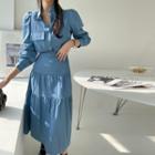 Set: Puff-sleeve Denim Shirt + Denim Tiered Midi Skirt Blue - One Size