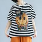 Smiley Face Striped Elbow Sleeve T-shirt