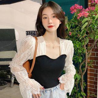 Square-neck Lace Panel Blouse Black & White - One Size