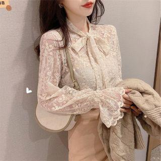 Long-sleeve Tie Neck Lace Blouse