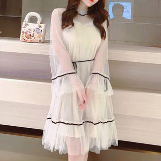 Long-sleeve Mock-neck Mesh Dress