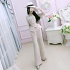 Set: Elbow-sleeve Buttoned Top + Wide-leg Pants