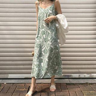 Spaghetti Strap Leaf Print Midi Dress As Shown In Figure - One Size