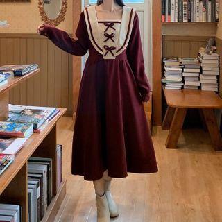 Paneled Puff-sleeve Midi A-line Dress