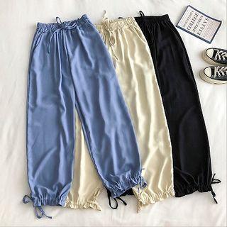 Plain High-waist Cargo Drawcord Pants