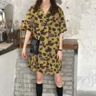 Elbow-sleeve Leopard Print Mini Shirt Dress As Shown In Figure - One Size