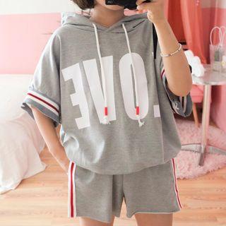 Set: Lettering Short-sleeve Hoodie + Sweat Shorts