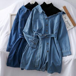 Asymmetric Mock Two-piece Denim Dress With Belt